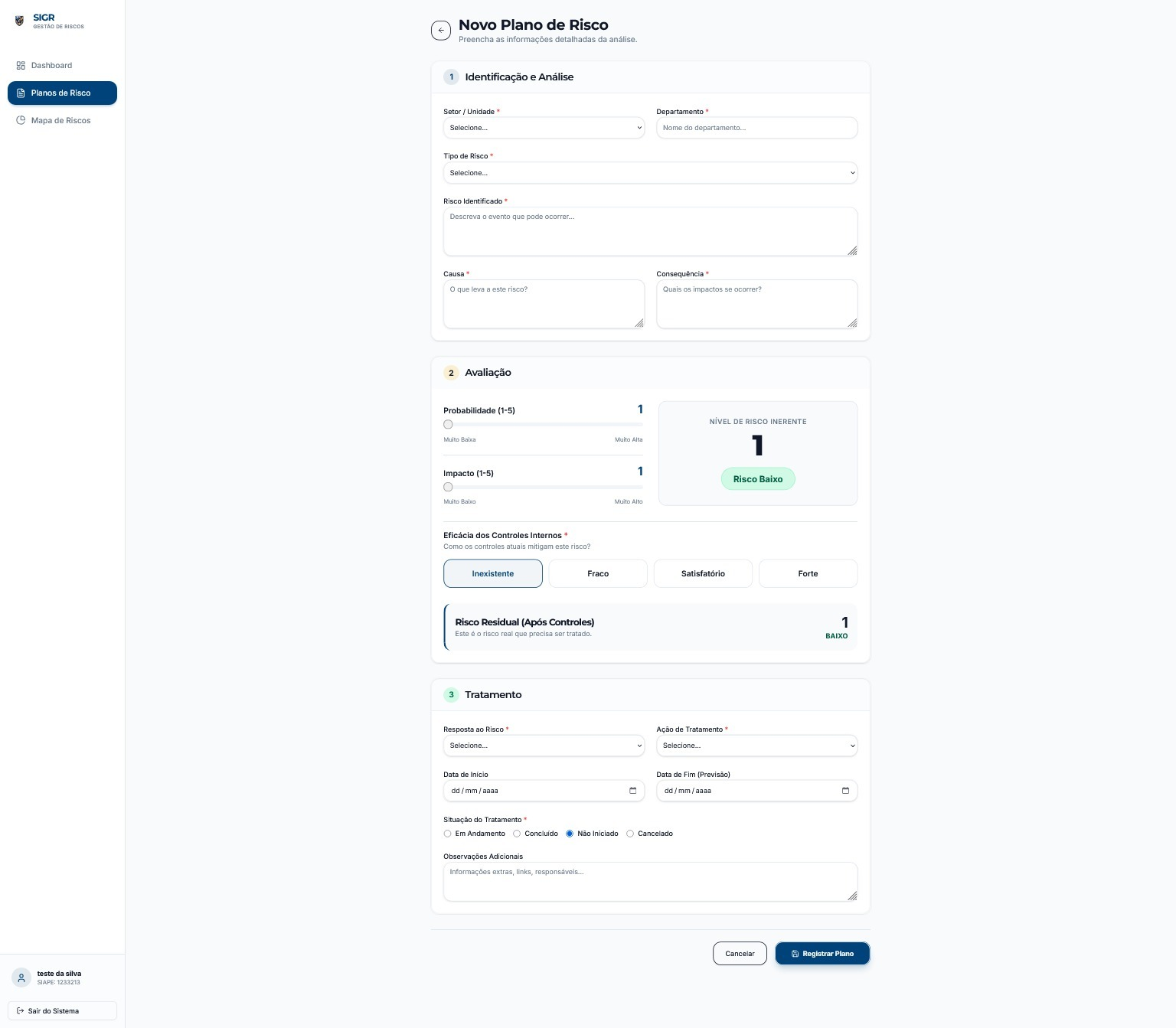 Tela de criação de plano de risco