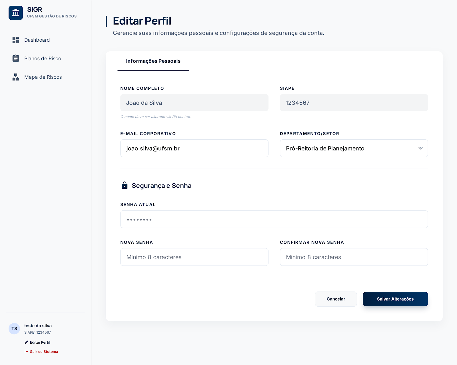 Tela de edição de perfil