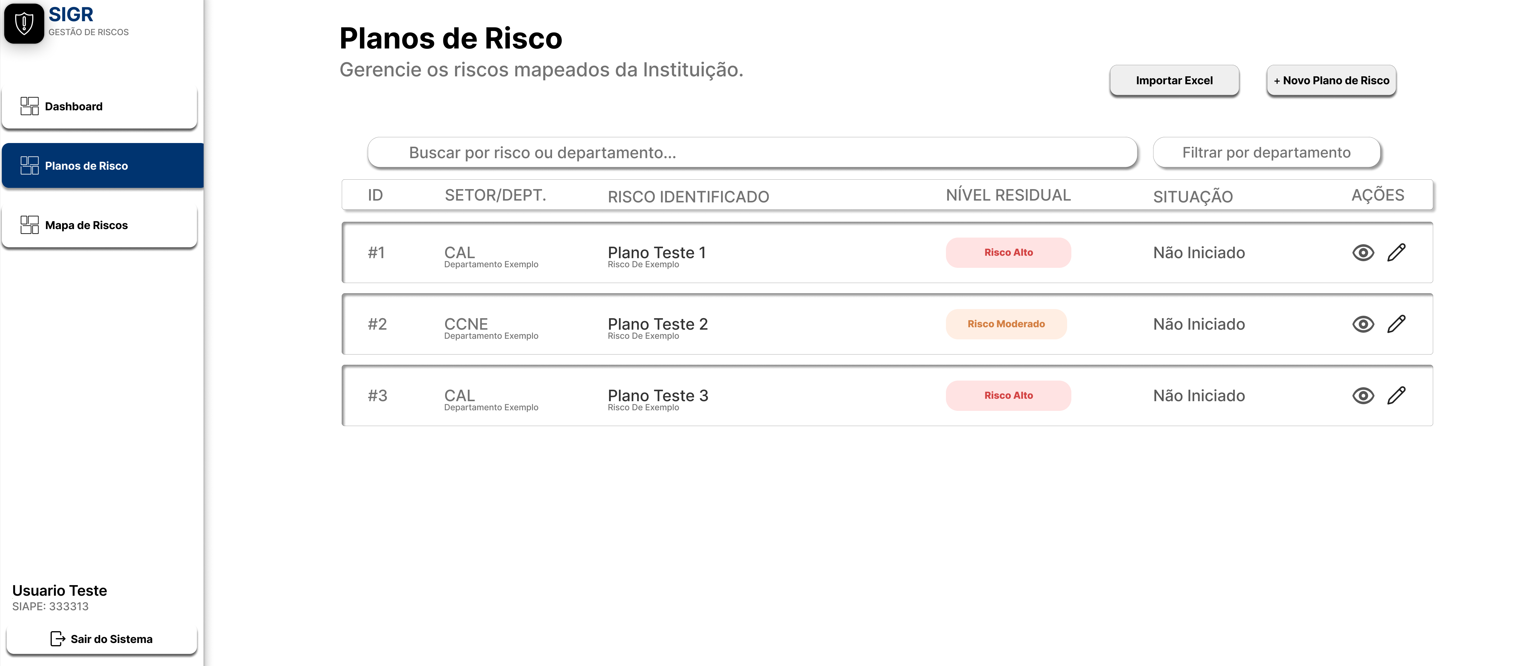 Tela de visualização dos planos de risco