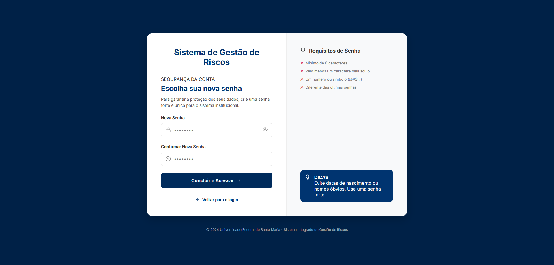 Tela de recuperação de senha - nova senha
